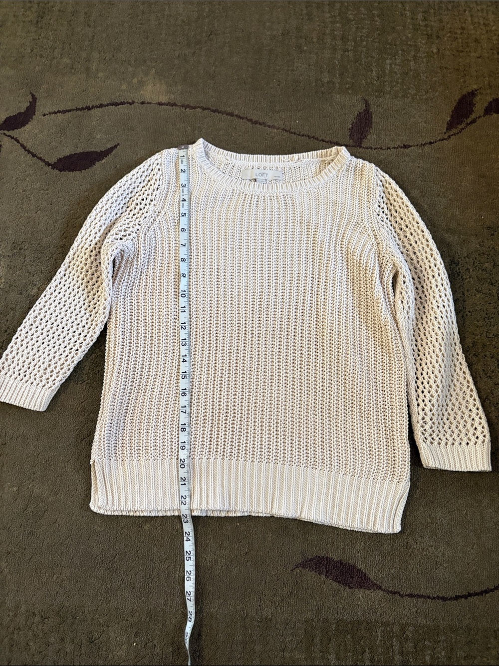 LOFT Cream Open-Weave Crewneck Sweater